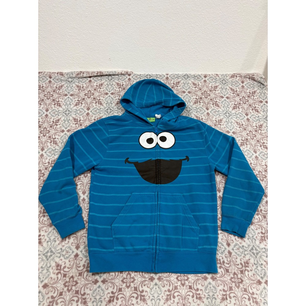 Sesame Street Cookie Monster Blue Striped Full Zip Hoodie Mens Large Sweatshirt